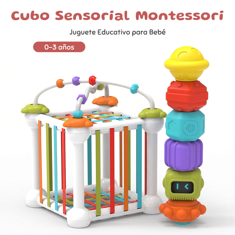 Juguete Montessori Cubo Sensorial con Bloques de Formas y Apilables