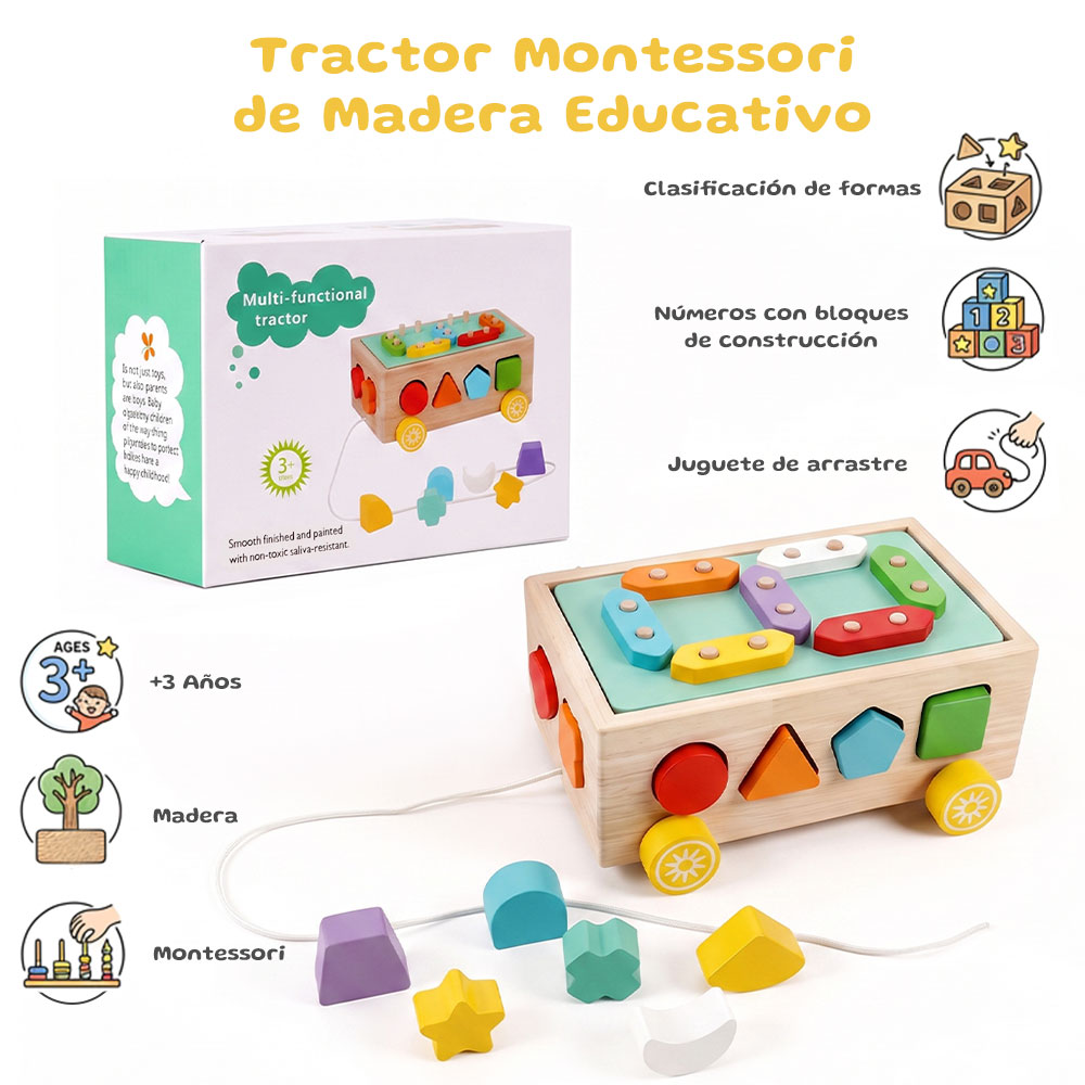 Coche Montessori de Madera con Bloques Numéricos Juguete Educativo para Niños +3 Años