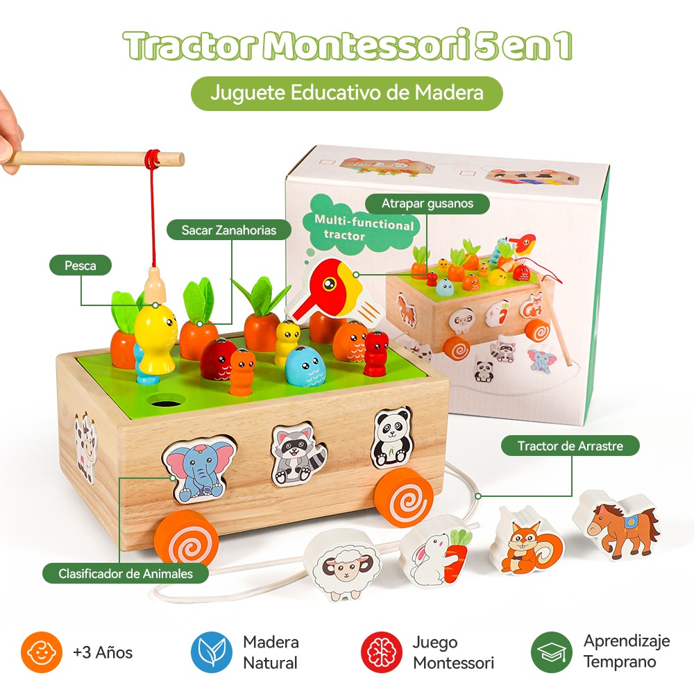 Carro Montessori Juego Educativo con Zanahorias, Pesca, Gusanos y Clasificador de Animales